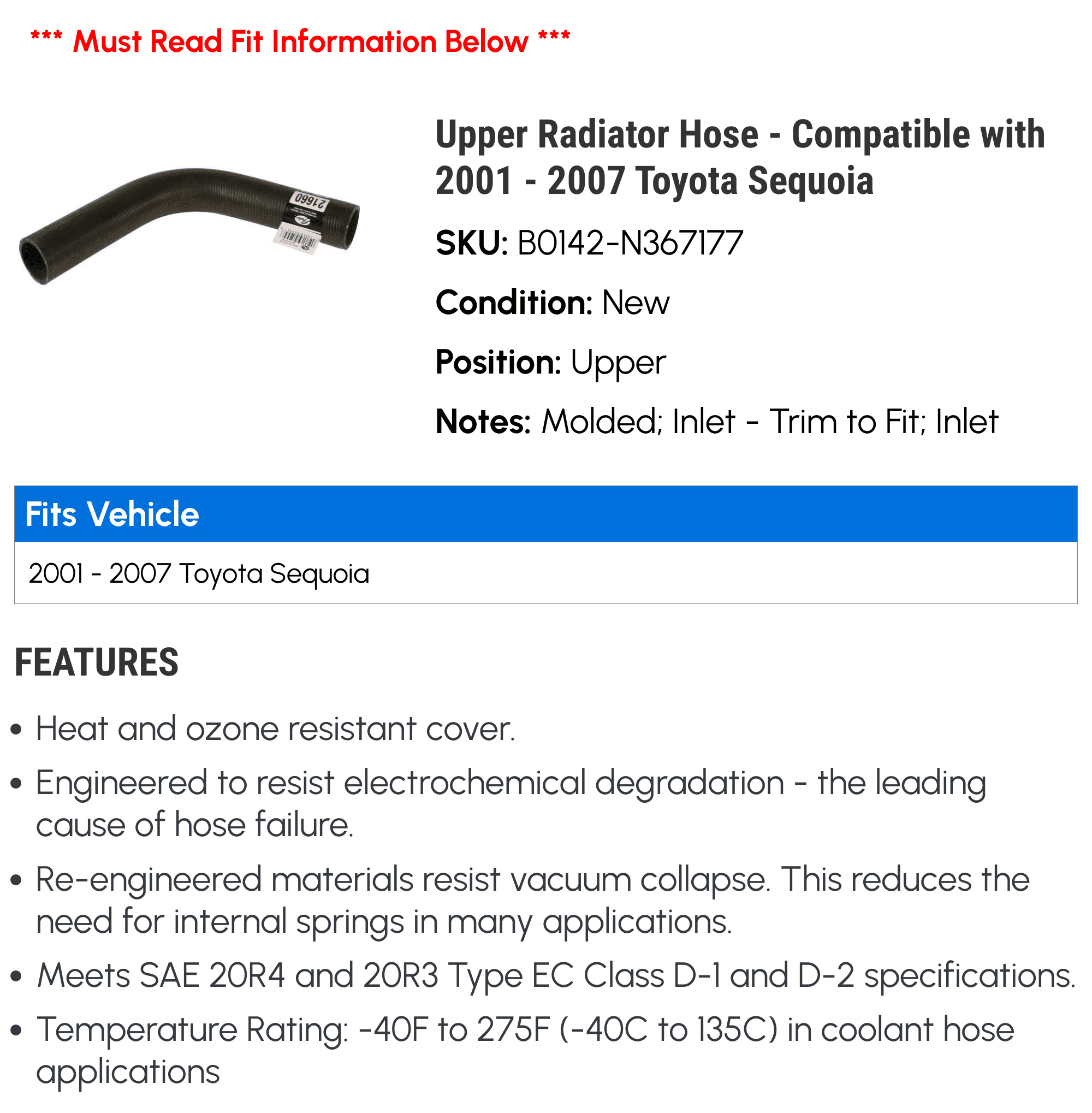 Upper Radiator Hose - Compatible with 2001 - 2007 Toyota Sequoia 2002 2003 2004 2005 2006