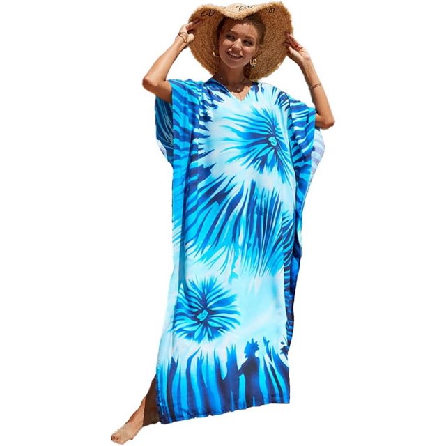 LinYooLi Swimsuit Coverup Women Beach Robe Print Long Blouse Plus Size Bikini Gown Holiday Dress
