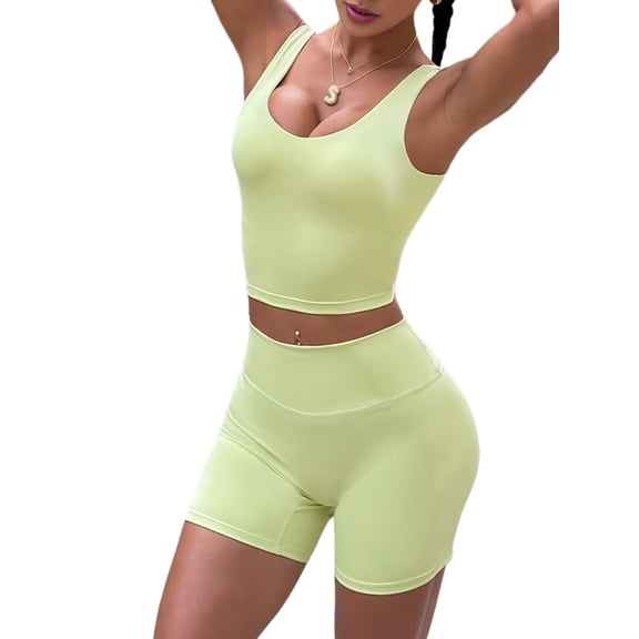 Jaimenalin Women 2 Piece Workout Sets Halter Tank Tops High Waisted Yoga Shorts Gym Outfits Light Green M