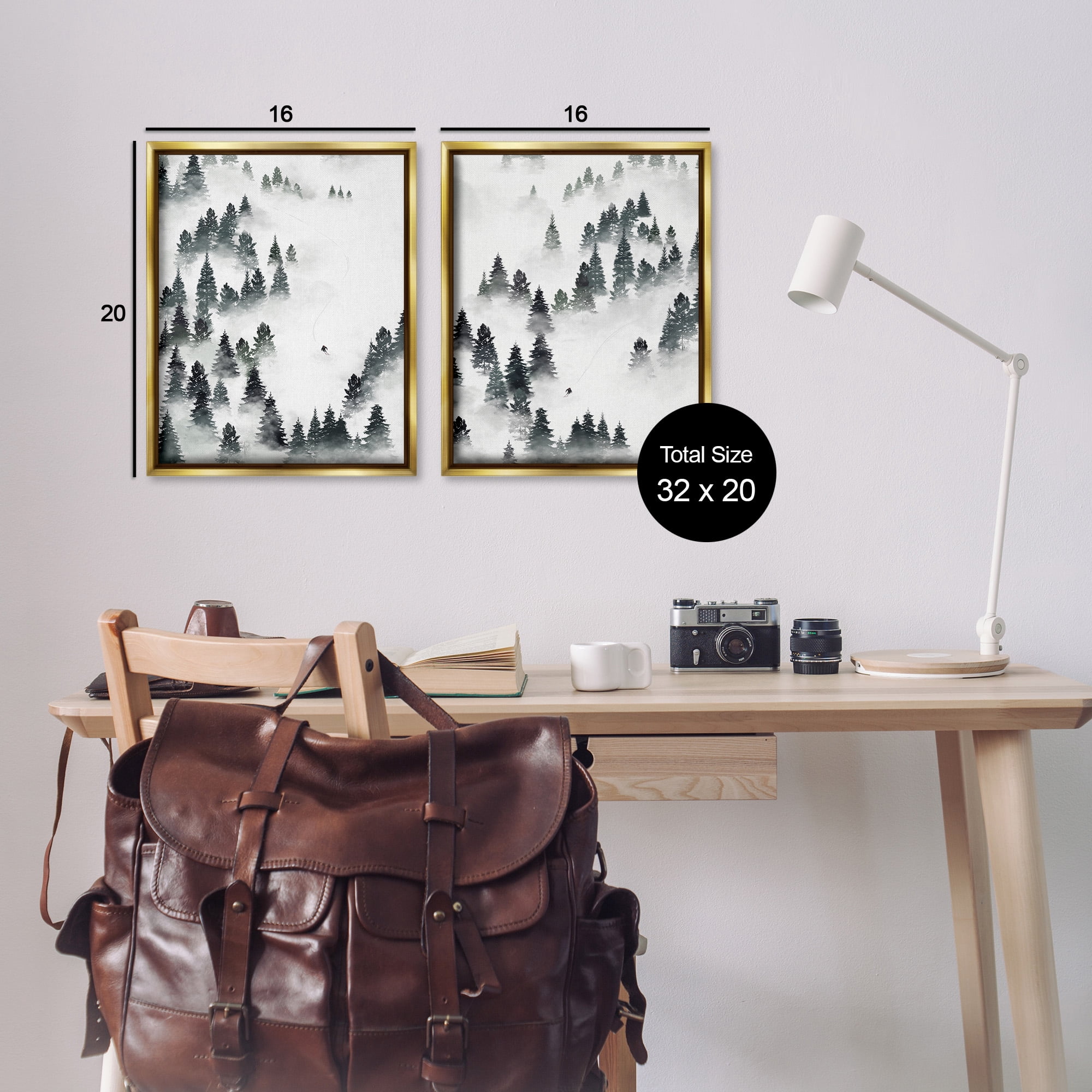 Stupell Industries Winter Ski Slopes Mountain Landscape Painting Gold Floater Framed Canvas Art Print Wall Art, 17 x 21, Set of 2