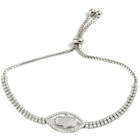 Pori Jewelers CZ and Opal Sterling Silver Evil Eye Hamsa Friendship Bolo Adjustable Bracelet