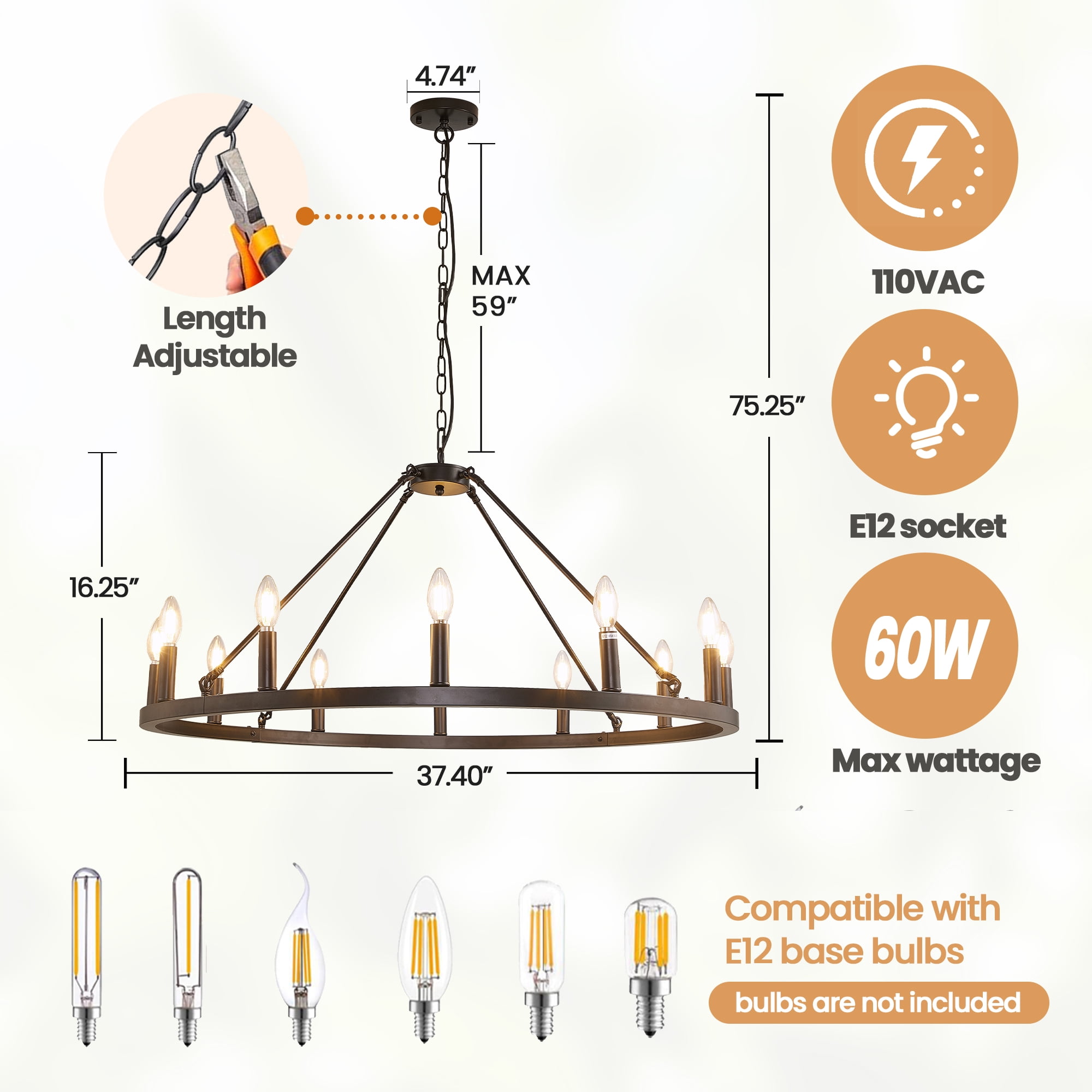 bokifol 37.4" Black Chandelier,12-Light Large Wagon Wheel Chandelier,Round Dining Room Light Fixtures Over Table,Foyer Chandelier for Kitchen Island,Living Room,Bedroom,Entryway
