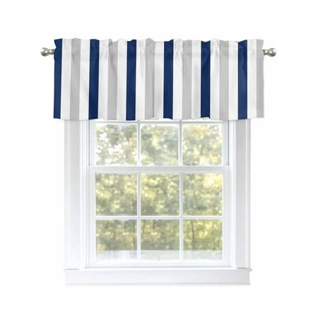 Navy Blue Grey Valances for Windows Rod Pocket Kitchen Valance Curtains - Soft & Washable Small Window Treatment for Living Room Bathroom Stripes 54x18inch