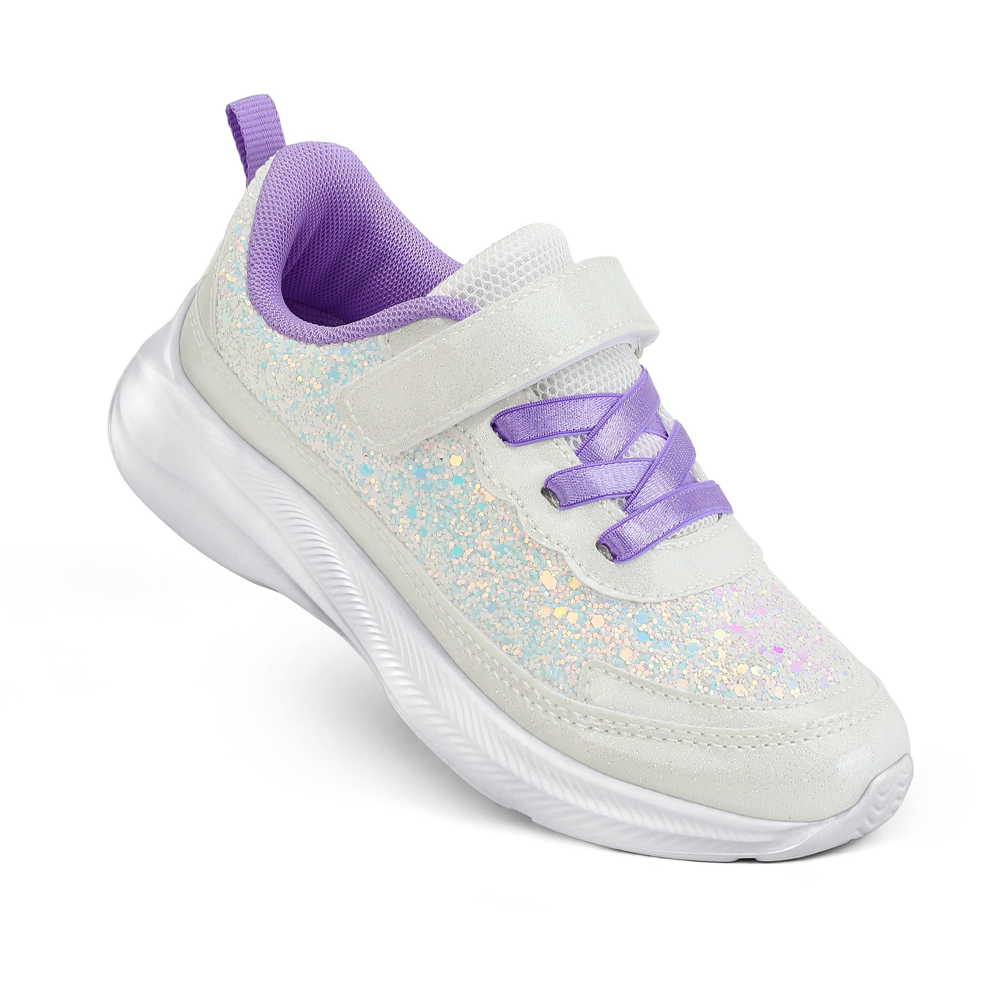 Kushyshoo Girls White Glitter Sneakers Lightweight Kids Sparkle Sport Shoes with Hook and Loop for Toddler Size 2