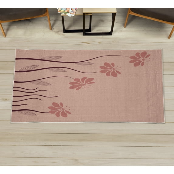 Flower Decorative Rug, Floral Petals with Striped Leaves and Lines Modern Style Geometrical Design Print, Quality Carpet for Bedroom Dorm and Living Room, 6 Sizes, Peach Redwood, by Ambesonne
