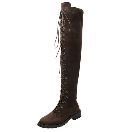 DVKOVI Dress Shoes for Women Women s Lace Up Over The Knee Boots Round Toe Low Heel Side Zipper Long Boots Boots Shoes Ladies Fall Winter Tall Boots for Women Heel Boots for Women Brown 39