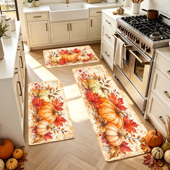3PCS Kitchen Rugs, Door Mat set, Home Decoration for Front Door, Kitchen, Bathroom, Autumn Pumpkins And Leaves Pattern Print Design Dining Mat, Kitchen Decoration for Autumn Thanksgiving.