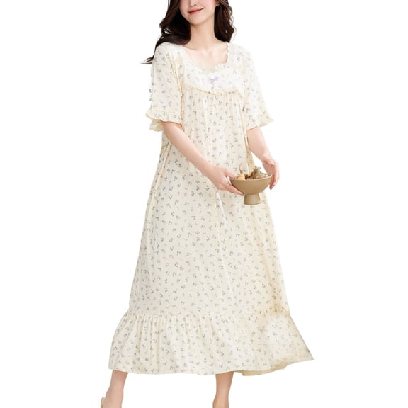 SWSMCLT Women's Short Sleeve Nightgown Spring Lace Fall Falbala Crew Neck Bow Loungewear Summer Pjs Modal Style9 Small
