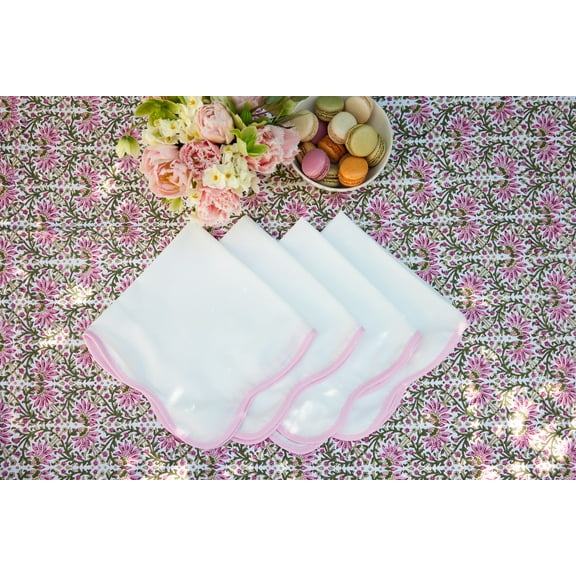 Scalloped White Dinner napkin, Pink border, Set of 4, 20 x 20in, Party, Bridal shower, Baby shower, Wedding, Brunch