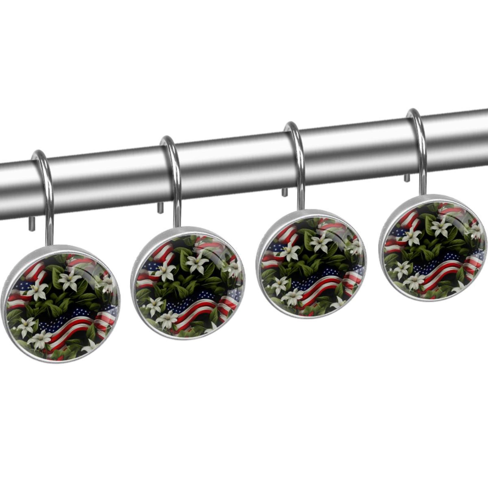 12 Pack Round Shower Curtain Hooks Crystal Glass Shower Rings American Flag and Plants Curtain Hooks Home Decoration