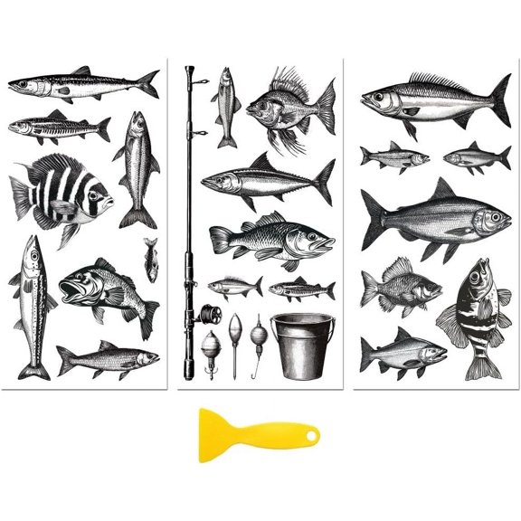Rub on Transfer Decal Sticker for Furniture Craft Decor 6"x12" Vintage Black and White Fish 3Pcs Waterproof UV DTF Transfer for Drawer Dresser Glass Porcelain Wood Plastic Window