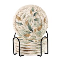 6 Pcs Drink Coasters with Holder 3.94in Woven Coasters for Drinks Shimmering Golden Leaves Coaster Set for Protection Table