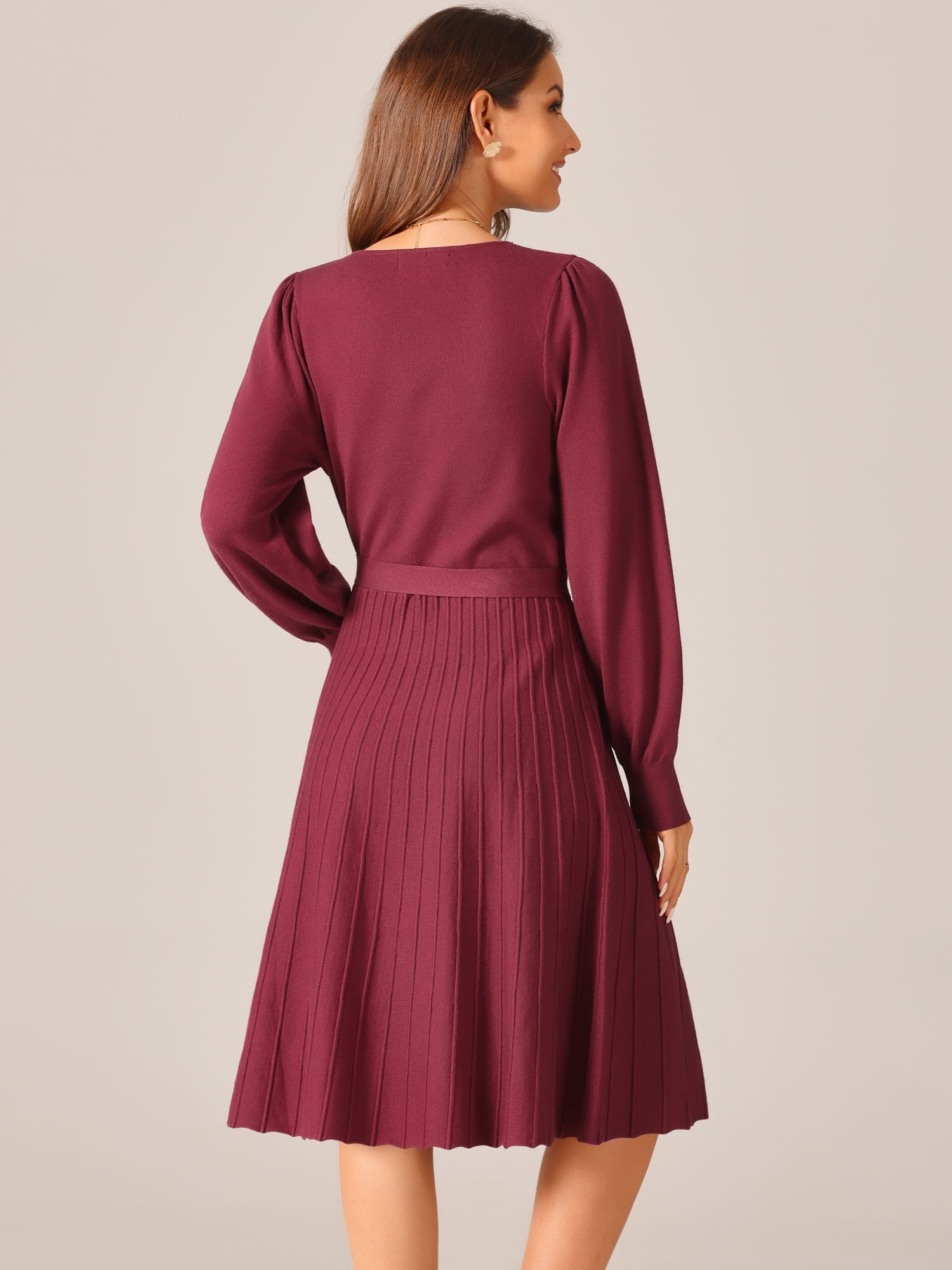 DARING DIVA V Neck Long Sleeve Tie Waist Pleated A-Line Midi Dress XL Wine Red