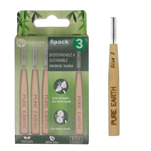 PURE EARTH essentials - Bamboo Interdental Brushes - Size 3 (Pack of 6, 0.8mm)