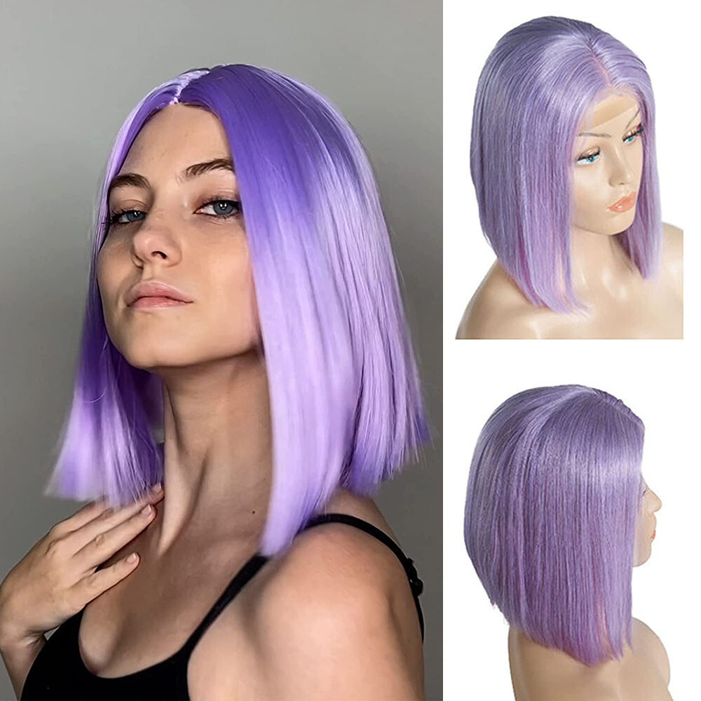 Purple Human Hair Wigs Bob Lace Front Wig with Baby Hair 13x4 Frontal