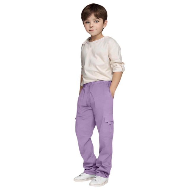 Rhuody Boy Spring Pants Elastic Waist Jogger Pants Children'S Straighe Leg Sports Trouse Solid Color Drawstring Sweatpants Basic Playsuit Light Purple 3-4 Years