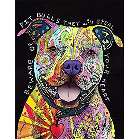 American Pitbull Poster Beware of Pit Bulls they Will Steal your Heart by Dean Russo 14x11 Dog Art Print Poster Colorful Collage ()
