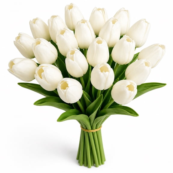 20 Pcs White Artificial Tulips Flowers Real Touch, 13.5" PU Fake Flowers Tulips Stems for Vase, Kitchen Island, Dining Table Centerpiece, Easter Spring Home Decor