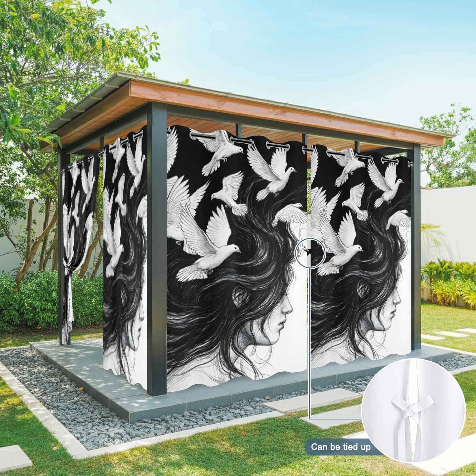 Abstract Art Outdoor Curtains for Patio, Black and White Pigeon Woman Profile Bohemian Sunshade Privacy Drapes Grommet Waterproof Outside Curtains for Porch/Cabana/Balcony 54"x 108", 1 Panel