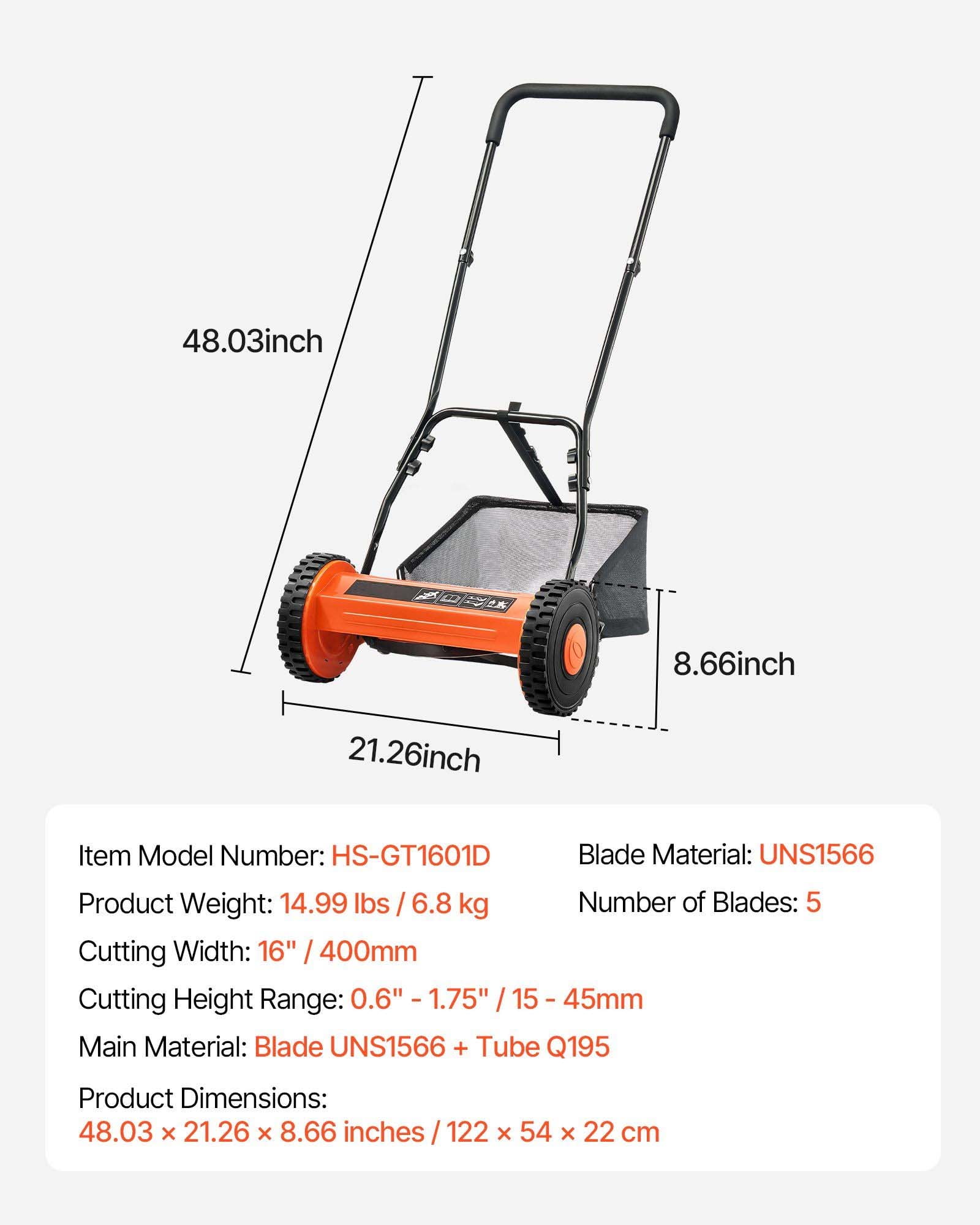 16" Manual Reel Lawn Mower - 5-Blade Push Mower, Adjustable Height, Grass Catcher, 2-Wheel - Eco-Friendly Lawn Care
