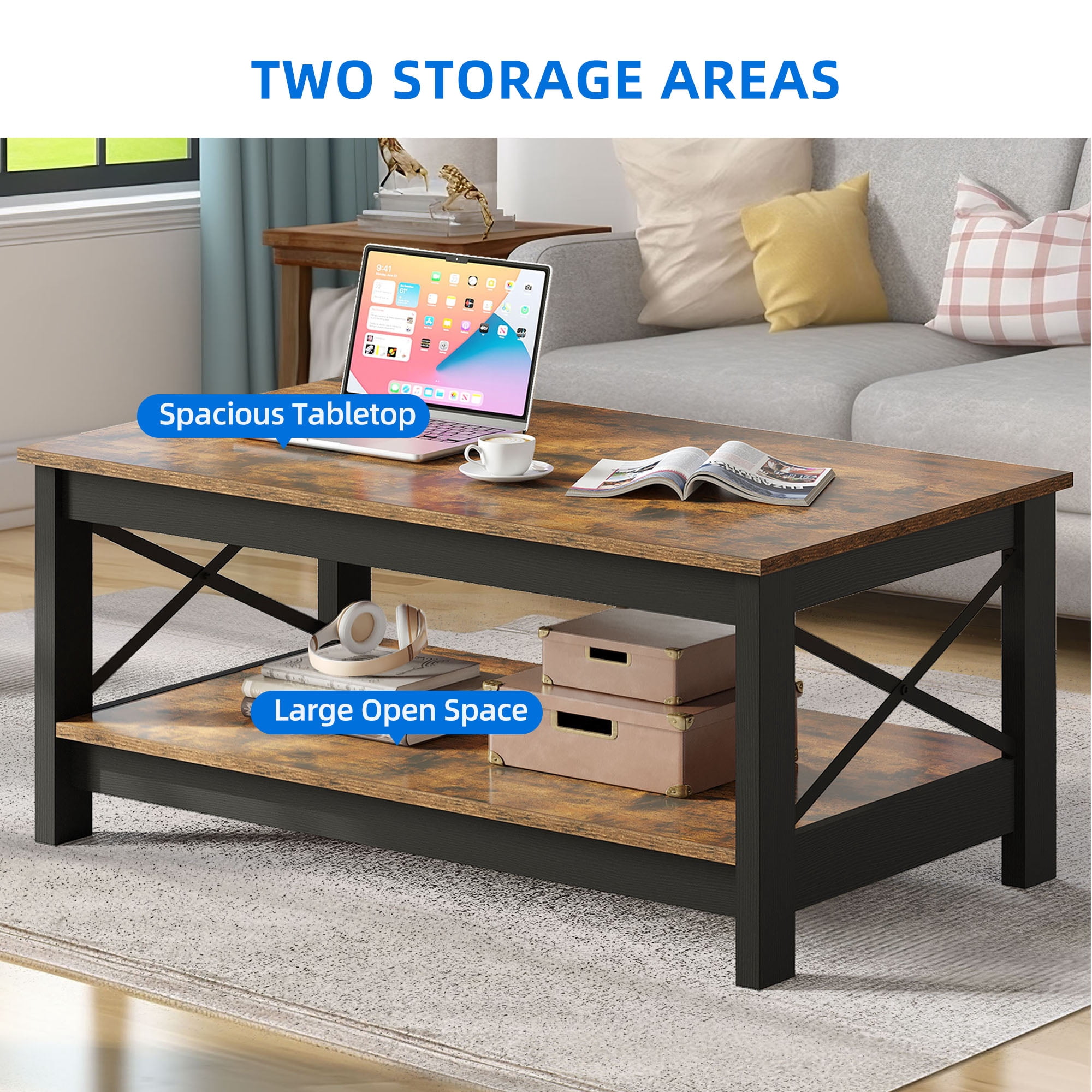 Dextrus Farmhouse Coffee Table with Open Storage Shelf, 2-Tier Thicken Wood Accent Cocktail Center Ends Table for Living Room Home Office, Rustic Brown