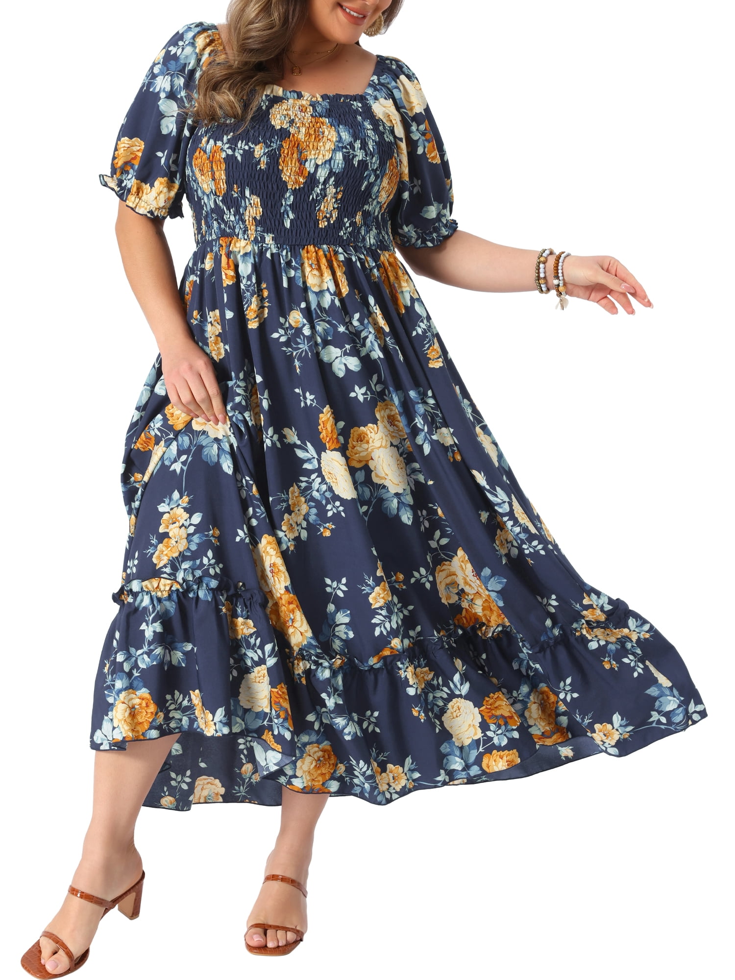 DARING DIVA Women's Plus Size Short Sleeve Square Neck Maxi Floral Dress 4X Navy Blue