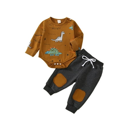 

Canrulo Newborn Infant Baby Boy Fall Winter Clothes Long Sleeve Cartoon Dinosaur Romper + Drawstring Pants Outfits Brown 18-24 Months
