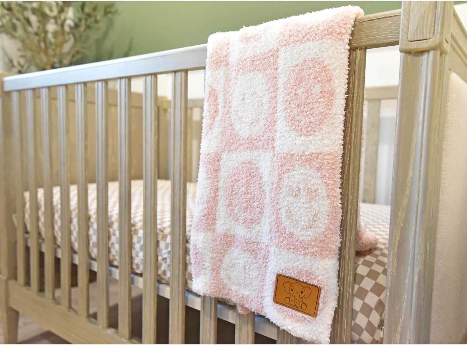 Checkered Smiley Face Baby Blanket 28"x40" with Leather Patch - Soft Knitted Throw - Receiving Blanket/Newborn Gift Pink/White