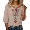 thumbnail image 5 of Favoffer Women's Washed Crinkle Linen Blend Shirt Boho Plus Size Embroidered Tunic 3/4 Sleeve V Neck Loose Peasant Top Elegant Summer Daily Travel Party Blouse, 5 of 7