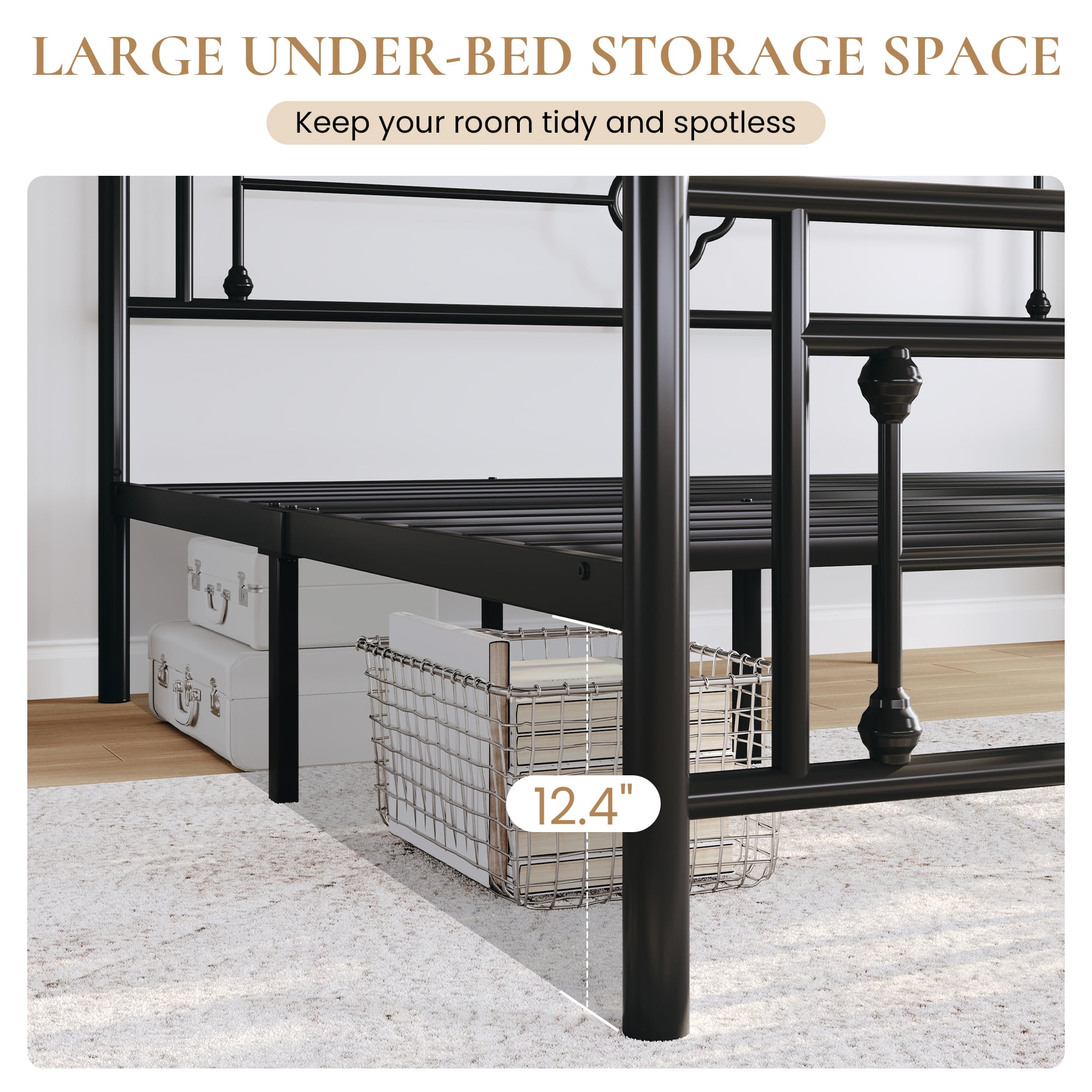 Sha Cerlin Black King Size Metal Platform Bed Frame with Victorian Vintage Headboard