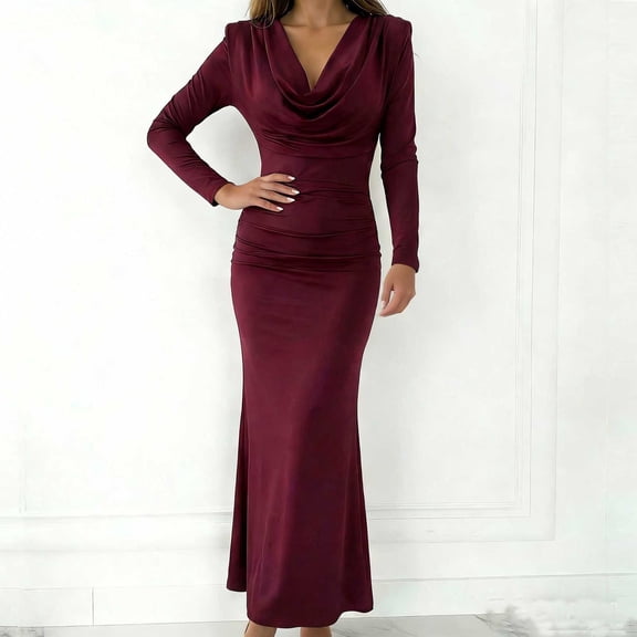 QUNYINEY Ruched Cocktail Party Dresses for Women Solid Long Sleeve Maxi Bodycon Evening Gown Dress Slim Fit V Neck Elegant Dresses
