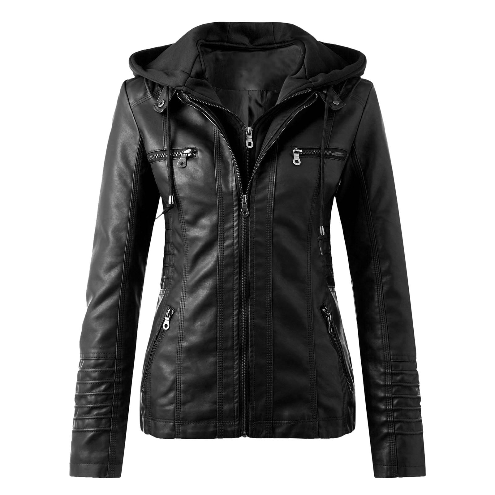 Lolmot Womens Slim Leather Stand Collar Zip Motorcycle Suit Belt Coat Jacket Tops Black S