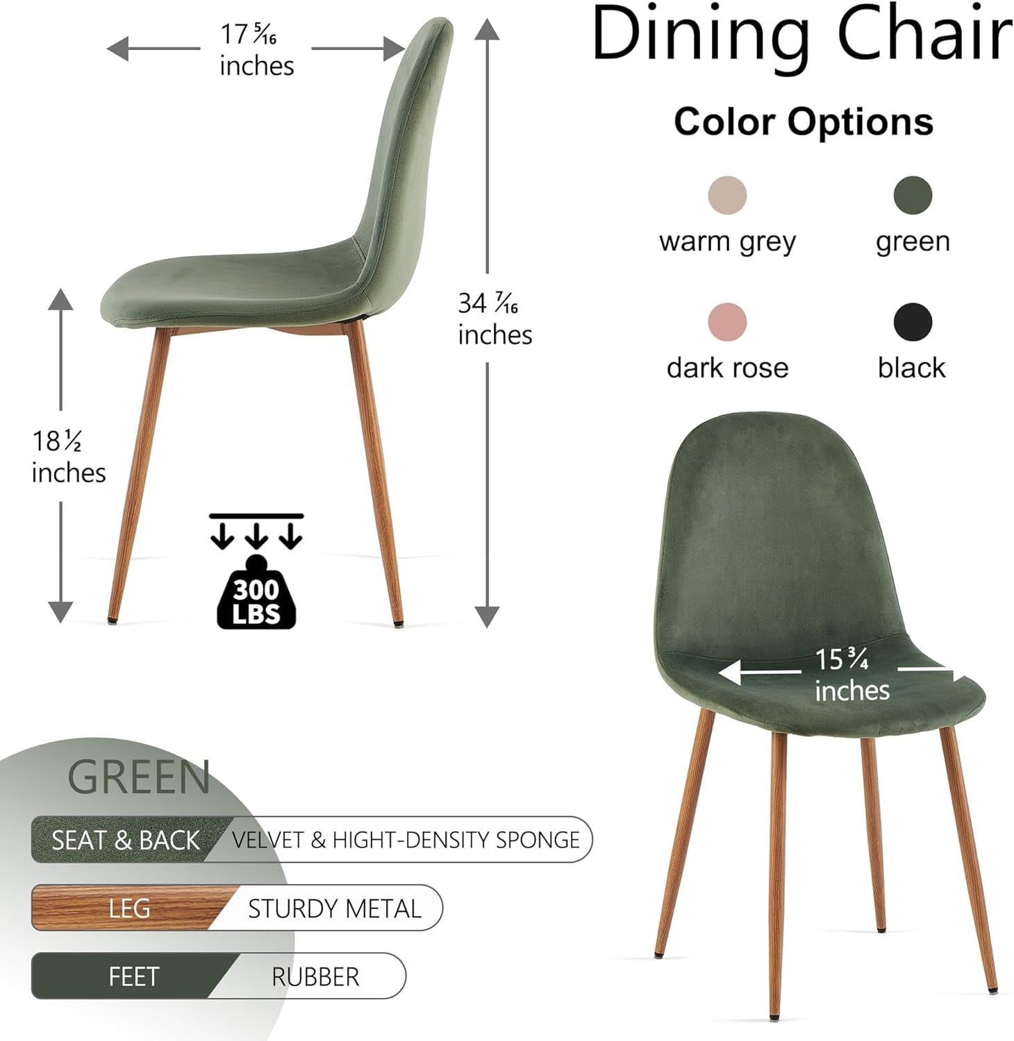 NORDICANA Modern Dining Chairs Set of 4, Green Velvet Kitchen Chairs, Upholstered Side Chairs with Faux Wood-Grain Metal Legs