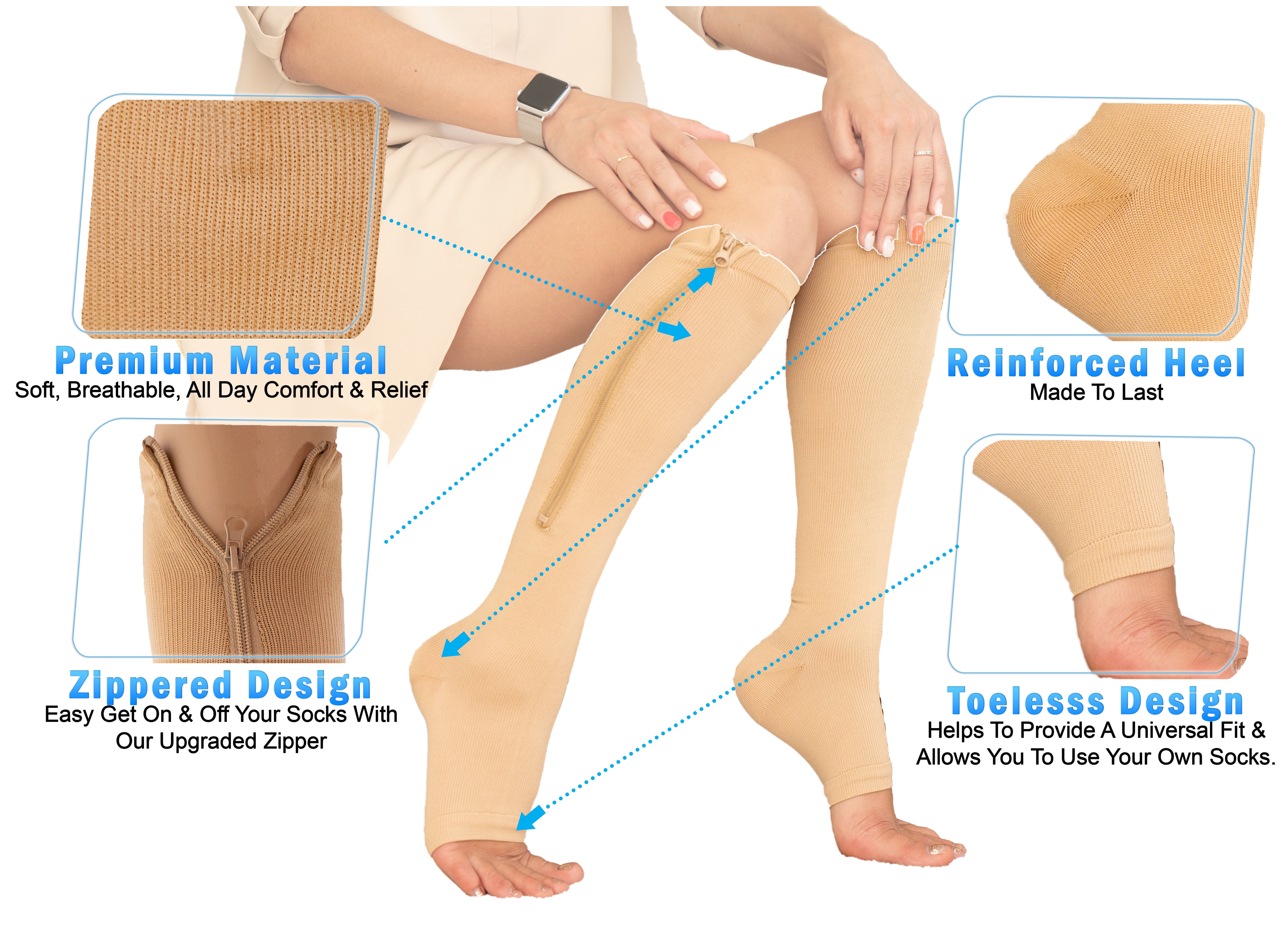 2 Zipper Pressure Compression Socks Support Stockings Leg - Open Toe Knee High - 20-30mmHg - Helps Circulation, Varicose Veins, Swollen Legs, Zipper - Nude X-Large Size (2 Pairs)