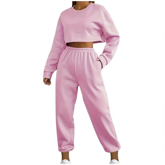 YUGYXL Womens 2 Piece Outfits Casual Crewneck Cropped Sweatshirt Lounge Jogger Pants Pullover Long Sleeve Sweatsuit Sets Pink S