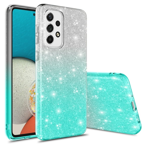 Samsung Galaxy A53 5G Case, Rosebono Cute Fashinon Slim Luxury Shinning Sparkle Bling Classy Glitter Sparkle Girl Girly Women Protective Cover for Samsung Galaxy A53 5G (Silver/Teal)