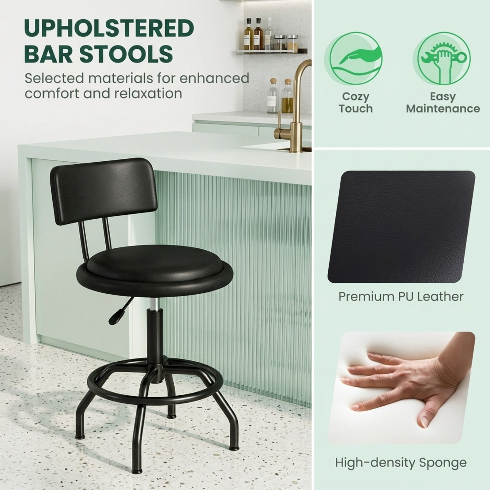 Furnibear 360 Swivel Counter Height Barstool with Padded Seat Backrest and Footrest