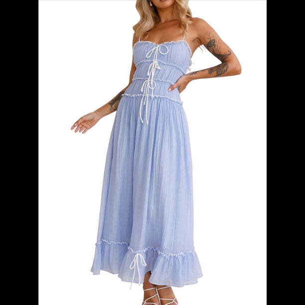 Vestido de Verano 2025 para Mujer, Informal, Sin Mangas, con Tirantes Finos, Ribete de RIC, Fruncido, con Volantes, . Azul L