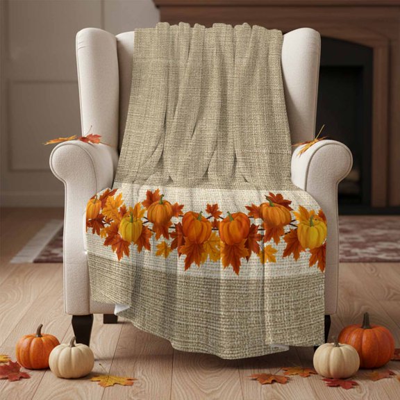 Fleece Blanket Thanksgiving Autumn Pumpkin on Linen Blankets,Soft Cozy Warm Flannel Throw Blanket,Retro Maple Leaf Blanket for Bed Couch Sofa 30x40in