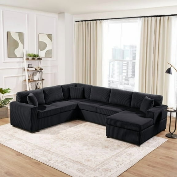 Villeston Oversized Sectional Sofa 115.3" U-Shaped Sofa with a Chaise Lounge and Three Soft Throw Pillows for Living Room, Black
