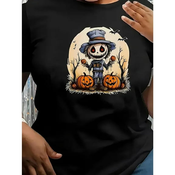 Spooky Halloween Scarecrow Themed Graphic Tee, Tops Has Creepy Scarecrow   Pumpkins   Bats Design, Round Neck Regular Fit T - shirts, Size(S - 5XL)