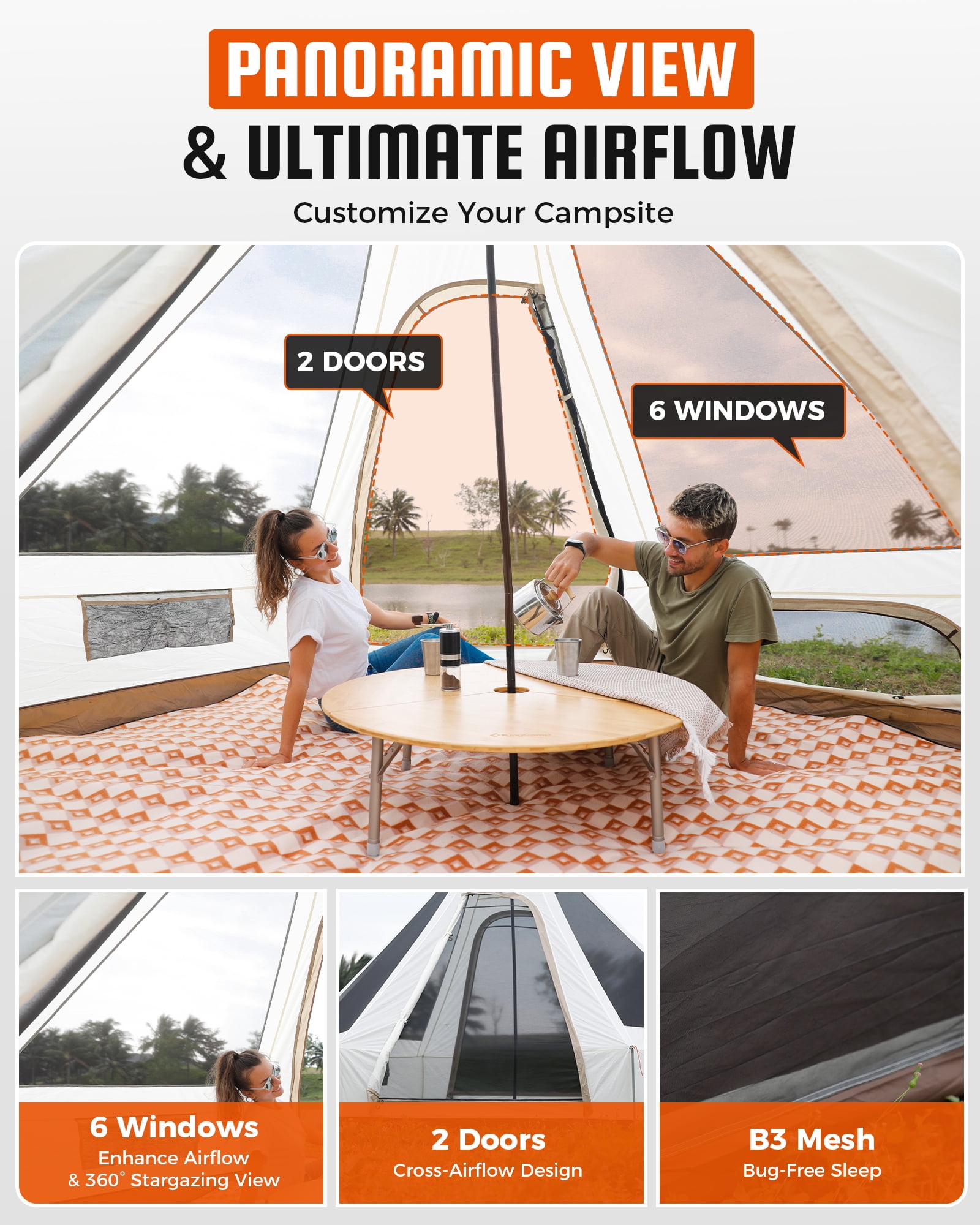 KingCamp Bell Tent for Camping, 2-4 Person All Season Waterproof Family Bell Tent, Luxury Camping Tents