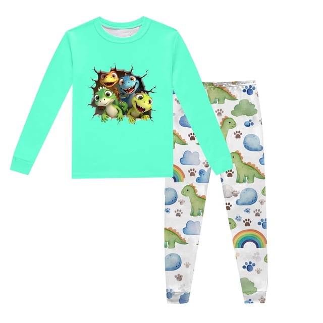 Pyjama Bebe Garcon Pyjama pour Enfants Imprimé Dinosaure Col Rond Manches Longues Haut Pantalon Ensemble de Pyjama 2 Pcs Printemps Automne Pyjama pour Tout-Petits Vert Menthe 6 Ans-7 Ans