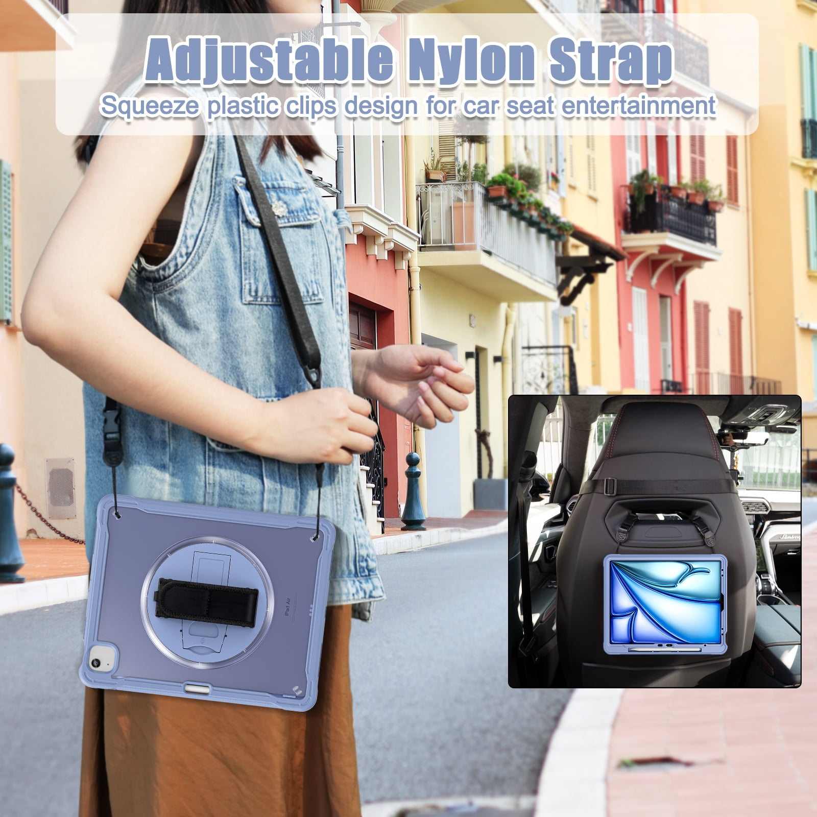 Dteck Case for iPad Air 13 inch 2025/2024,Military Grade Shockproof Silicone Cover 360° Rotatable Stand- Shoulder Strap- Handle- Pencil Holder for iPad Air 13-in. M3/M2,Grey