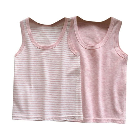 FAVIPT 2 Pieces Girls Tank Top Set Summer Boys Sleeveless Crewneck Undershirts Casual Solid Color and Striped Lightweight Tees Pink 8 Years