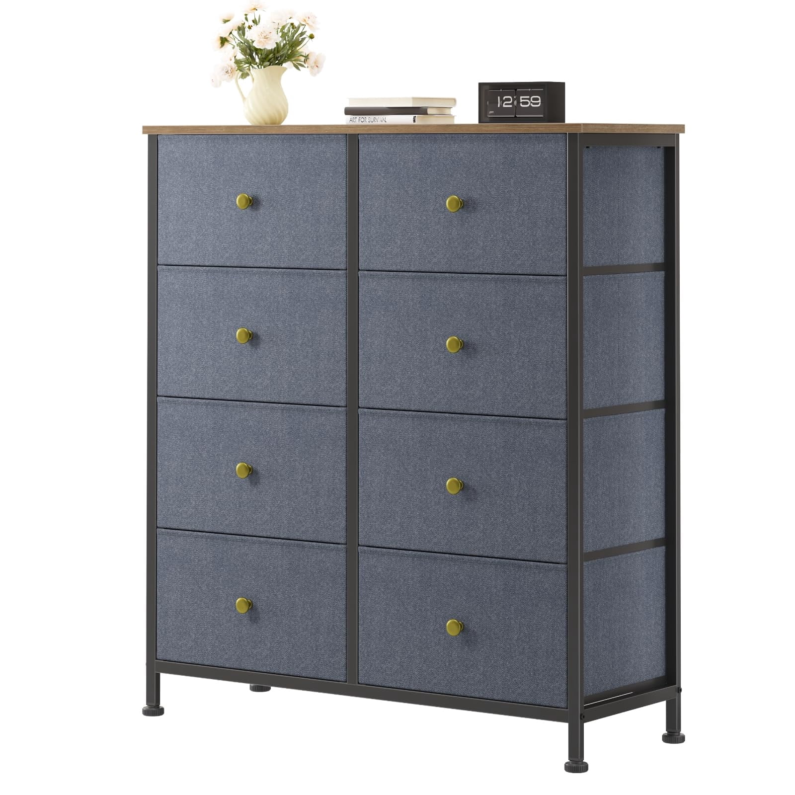 Telyra 8-Drawer Fabric Dresser Tall Storage Tower with Wood Top and Steel Frame Bedroom Closet Organizer, Greyish Blue
