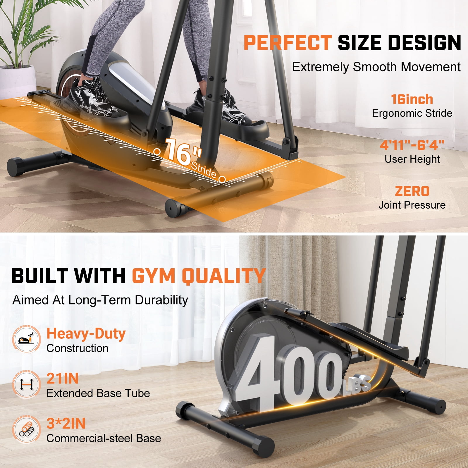 FUNMILY Walnut Stride Pro Heavy Duty Elliptical Machine for Home Gym | 16-Inch Stride, 400LBS Capacity, Ultra-Quiet Low-Impact Cardio for Small Spaces