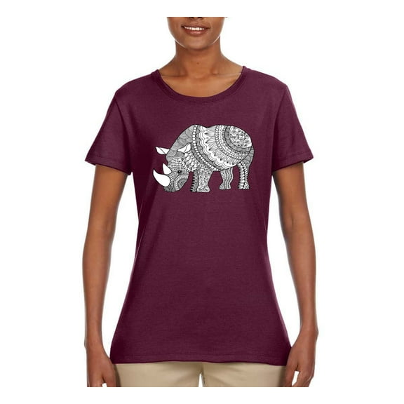 Black and White Mosaic Retro Mandala Rhino Animal Lover Womens Graphic T-Shirt, Maroon, Large