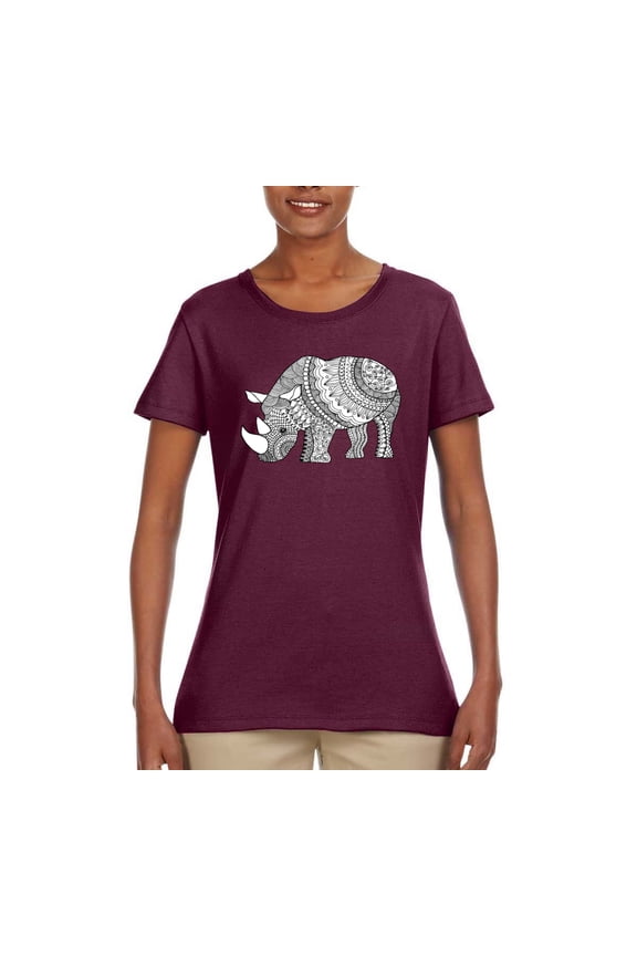 Black and White Mosaic Retro Mandala Rhino Animal Lover Womens Graphic T-Shirt, Maroon, X-Large