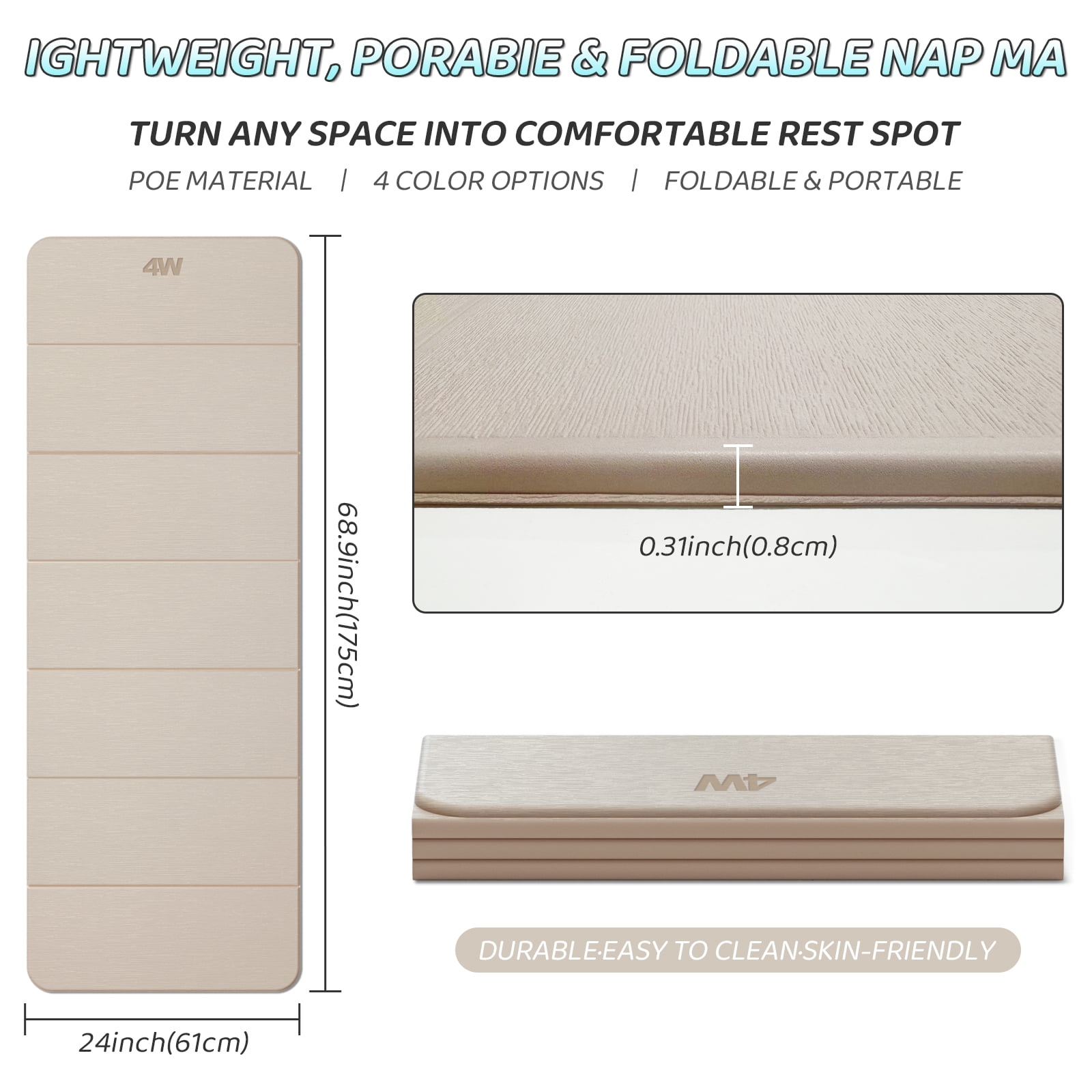 4W Foldable Yoga Mat 8mm Thick, TPE Non-Slip Fitness Mats, 3-in-1 for Yoga/Step Stool/Meditation, Quick Storage No Curling(Beige)